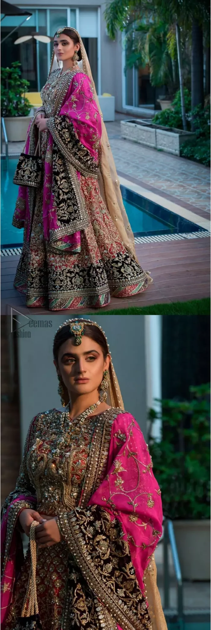 Complete your big day with the perfect dress in our selection of stunning wedding dresses. This regal lehenga blouse is an immensely captivating traditional piece, enhancing the art of classical heritage showcasing the craftsmanship of kora, dabka, tilla and sequibs detailed with pearls, artistically embellished to give a beautiful rhythm to the outfit. The lehenga is adorned with golden and antique shaded embroidery. Furthermore the bottom of the lehenga is enhanced with black embellished applique. Coordinated with beige dupatta sprinkled with sequins all over.