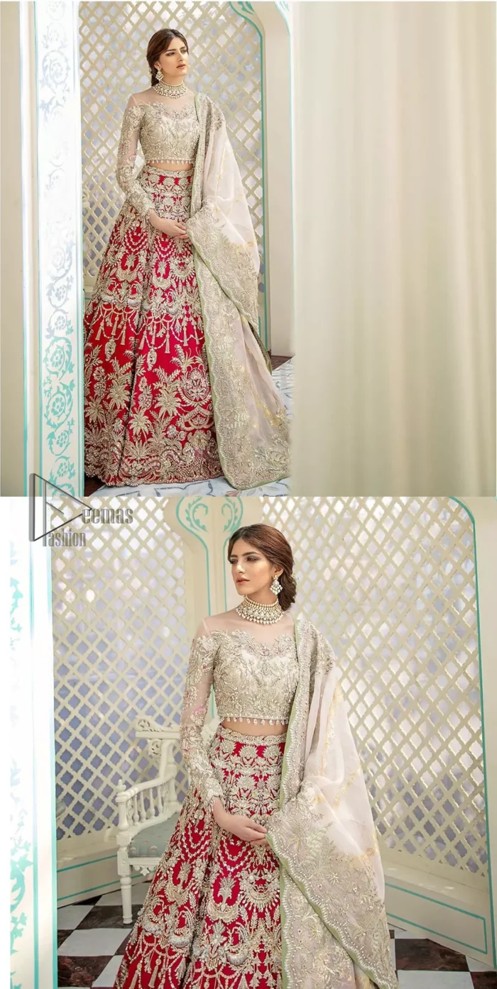 This elegant ensemble turns timeless piece into a chic fantasy. Best choice for your wedding day. This outfit is enhanced with hand embellishments on bodice and sleeves finishing with dangling tassels on the blouse. The lehenga is an amalgamation of a variety of our signature motifs, fine materials, and traditional yet contemporary silhouettes. Crafted from the prettiest zardozi work. Paired it up with off white self fabric dupatta having four sided embroidered border. 
