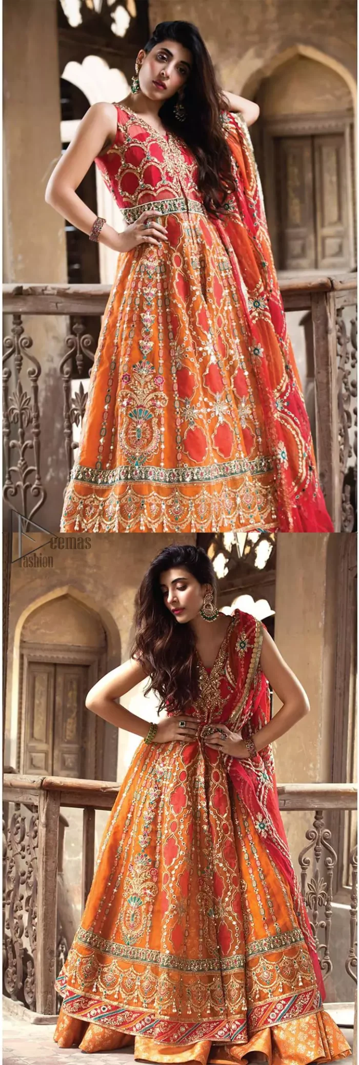 This artisanal piece is rendered in grace and timelessness. Brighten up your look with this mix of floral and geometrical embroidery in vibrant tones spread across on red and orange canvas. The front open pishwas is delicately crafted with zardozi work, multiple color embroidery and mirror work. Furthermore it is also adorned with green embellished applique and the colorful applique lift the whole bottom. It comprises with orange sharara. Finished the dress with red and orange organza dupatta with geometric patterns on the ground.
