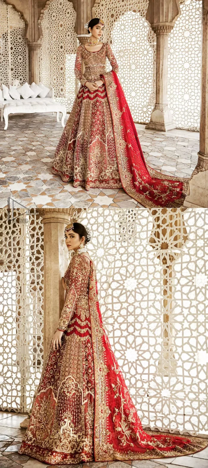 Captured in traditional silhouette, This traditional red pishwas is aesthetically designed with motifs,geometric and floral patterns, embellished with kora, dabka, tilla and sequins work. It comes with full embellished lehenga which is gorgeously handcrafted with golden and antique shaded zardozi work. The piece comes with a handcrafted belt. It is coordinated with net dupatta which is sprinkled with sequins all over it. It is further furnished with four sided border and floral bunches.