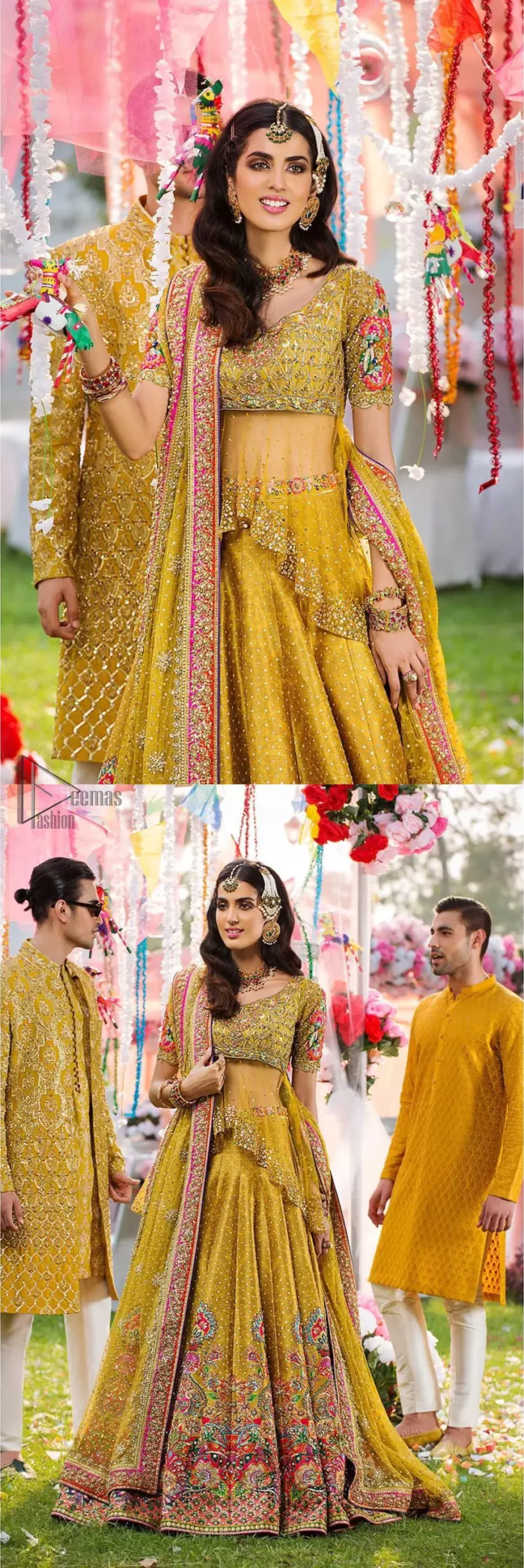The perfect choice for Mahendi. Delicately crafted and personifying chic elegance with an element of grandiose. The shirt is emphasized with traditional neckline and a small back train. And the lehenga is decorated with intricate floral daaman enhanced with multiple color thread embroidery and rich zardozi work. Paired it up with yellow net dupatta sprinkled with sequins on the ground and four sided applique border.