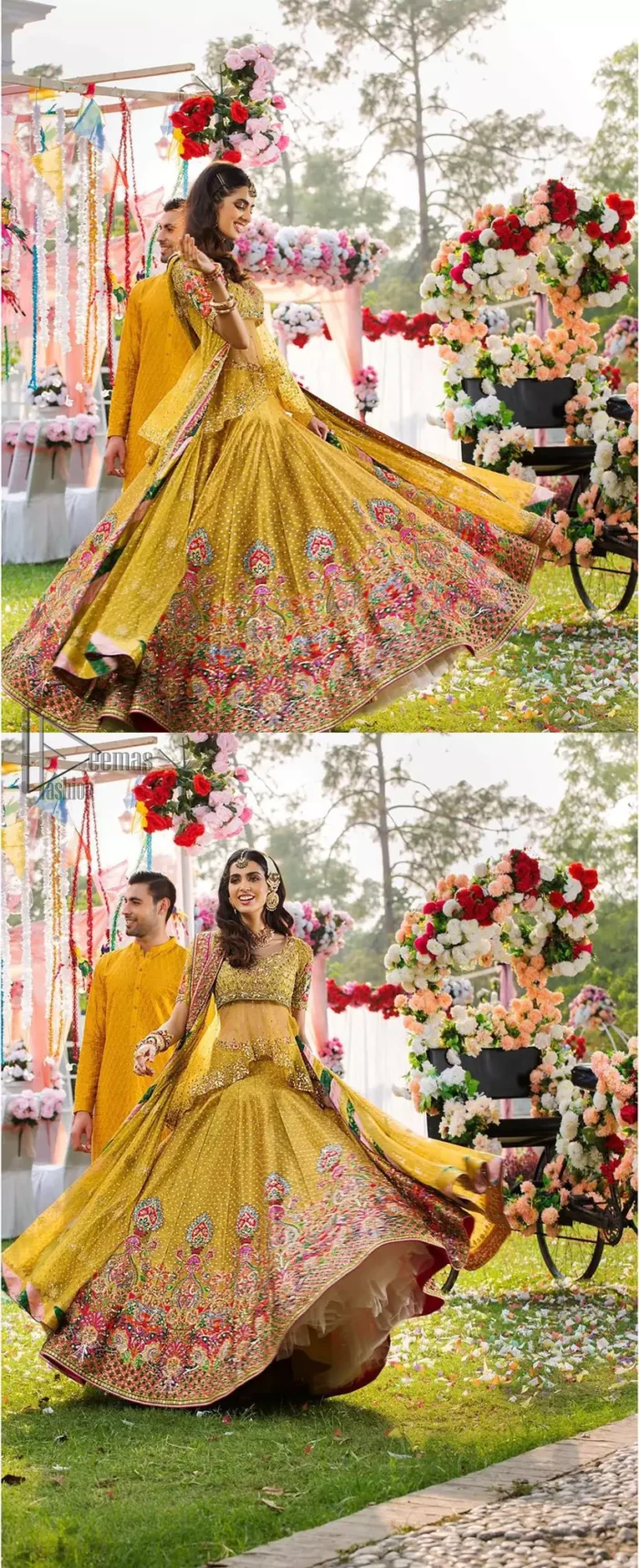 The perfect choice for Mahendi. Delicately crafted and personifying chic elegance with an element of grandiose. The shirt is emphasized with traditional neckline and a small back train. And the lehenga is decorated with intricate floral daaman enhanced with multiple color thread embroidery and rich zardozi work. Paired it up with yellow net dupatta sprinkled with sequins on the ground and four sided applique border.