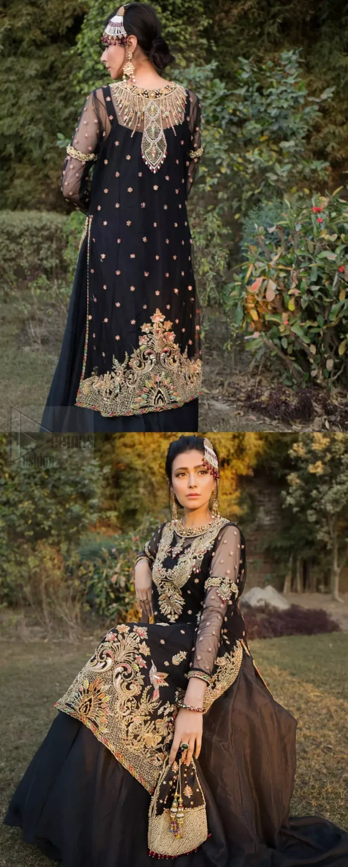 This elegant ensemble turns timeless piece into a chic fantasy. Steal the show with this endearing chiffon outfit with intricate yet rich embroidery. Artfully crafted neckline with detailed golden zardozi work. The hemline is ornamented with a central large motif and adorned with jaal. Furthermore, side slits are also decorated with floral embroidery and floral motifs are decorated with multiple color thread embroidery. The back is perfectly loaded with zardozi work. This outfit is comprises with black sharara and chiffon dupatta having sequins spray all over.