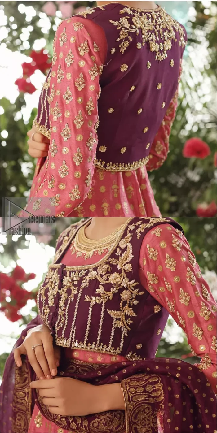 This exceptionally detailed dress is cut in a seductive fit and flare silhouette that’s sure to turn heads. Discover classic look with coral pishwas adorned with delicate detailing and intricate accents for a subtle yet sophisticated look, including long sleeve with tiny floral booties details. The neckline is doecorated with dull golden zardozi work and scattered tiny floral booties all over the pishwas. This outfit is coordinated with dark magenta bolero jacket which is beautifully ornamented with dull golden kora, dabka detailing. Paired it up with coral churidar pajama and dark magenta self printed dupatta.