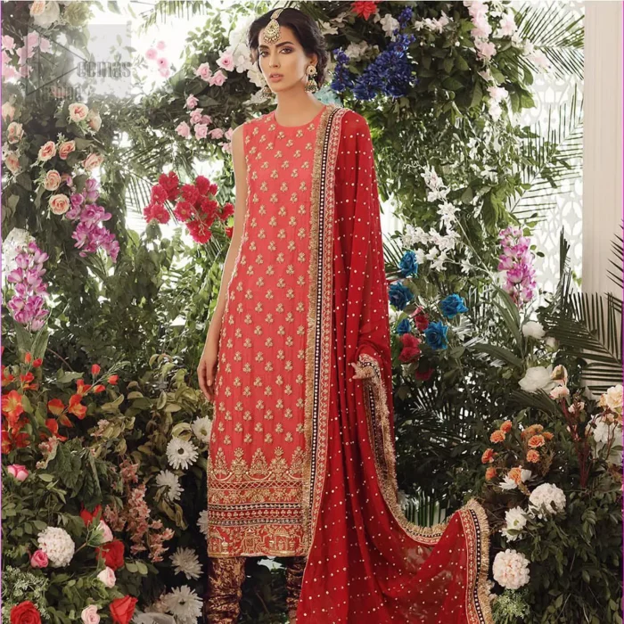 A perfect ensemble for this festive season with divine detailing of zardozi work. This outfit is an immensely captivating traditional piece, enhancing the art of classical heritage showcasing the craftsmanship of golden kora, dabka & tilla detailed with sequins, artistically embellished to give a beautiful rhythm to the outfit. Furthermore, the tiny floral booties scattered along the length. Complete the look with magenta churidar pajama and red chiffon dupatta adorned with sequins spray all over and four sided lace border.