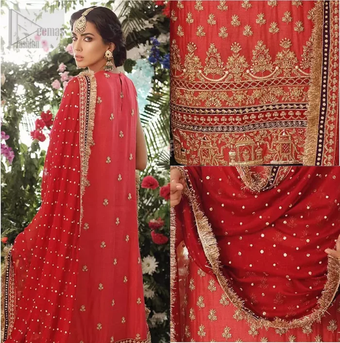 A perfect ensemble for this festive season with divine detailing of zardozi work. This outfit is an immensely captivating traditional piece, enhancing the art of classical heritage showcasing the craftsmanship of golden kora, dabka & tilla detailed with sequins, artistically embellished to give a beautiful rhythm to the outfit. Furthermore, the tiny floral booties scattered along the length. Complete the look with magenta churidar pajama and red chiffon dupatta adorned with sequins spray all over and four sided lace border.