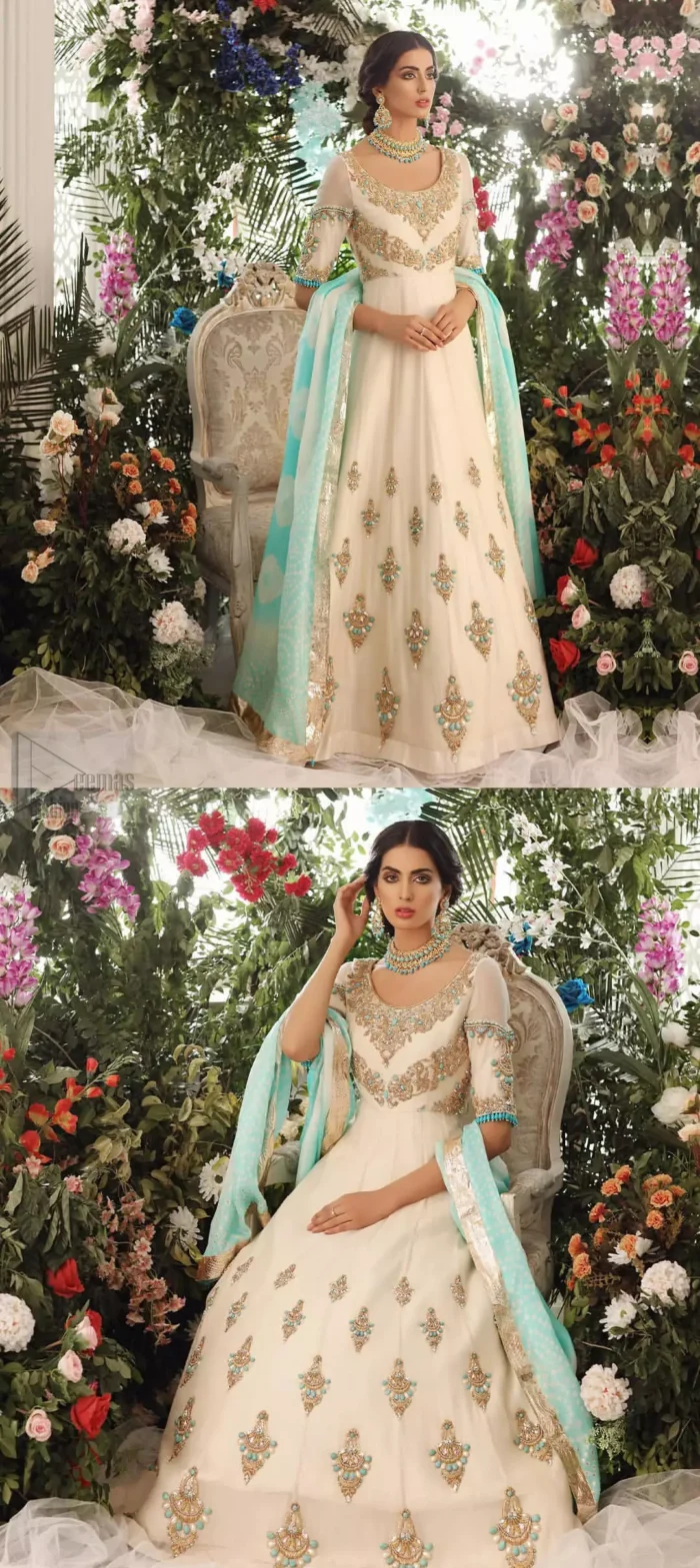 This outfit should be the next addition to your wardrobe. An example of beauty and elegance. Look breathtakingly stylish in this embroidered regalia furnished with intricate embroidered neckline which is embellished with antique shaded zardozi work and ferozi stones. Furthermore, this multiple panel frock is adorned with different sized motifs scattered all over the frock. It is coordinated with ivory churidar pajama. Finished the look with self printed chiffon dupatta having four sided applique on it.