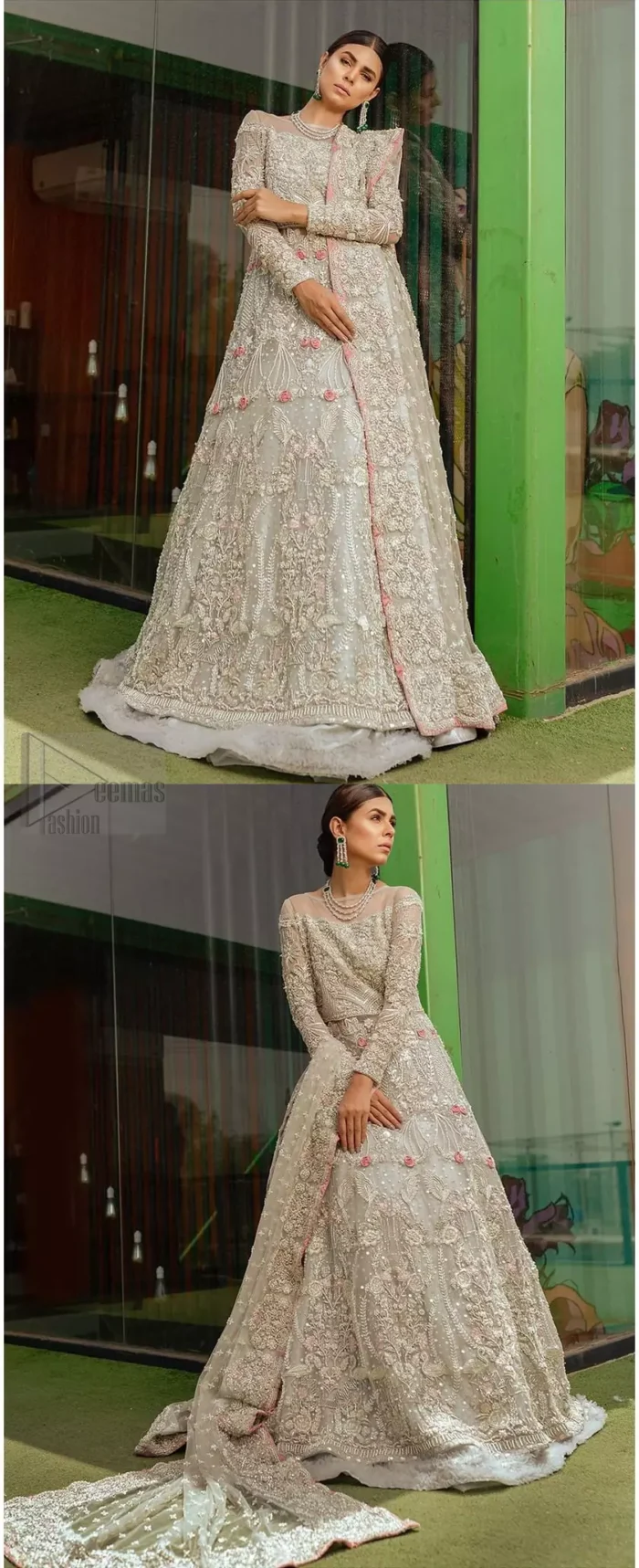 This garnet ensemble is sure to make you look like glamorous royalty with immaculate work covering every inch of the maxi. With a flowing train, this is an ensemble that deserves to be flaunted. The maxi is crafted artfully with silver zardozi work and multiple color thread embroidery. The bodice is heavily decorated with silver kora, dabka and tilla work. Furthermore, scattered sequins all over to give it a perfect look. Balance the look with light gray lehenga adorned with frilled bottom. Dupatta is decorated with vintage floral on pallus and finished with embroidered border on four sides which makes this outfit more beautiful.