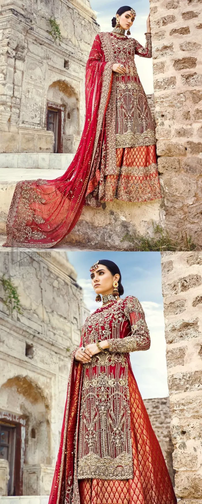 You are all set to make a lasting impact with the divine royalty of this dress. This beautiful dress comes with a maroon back train lehenga with beautiful embellishment around the hem. The shirt is adoned with golden zardozi work around the neckline and vertically worked gold lines and it finished with a thick embellished border. The sleeves are embellished with motifs all over along with a thick embroidered border. The dupatta incorporates beautifully designed borders on all four sides, focusing on the heavily embellished pallu borders to give it a perfect maharani look.