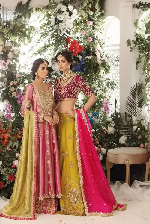 Adorn yourself with this breath-taking mehndi lehenga outfit. This beautiful mehndi dress comes with yellow lehenga with scattered beautiful embellished