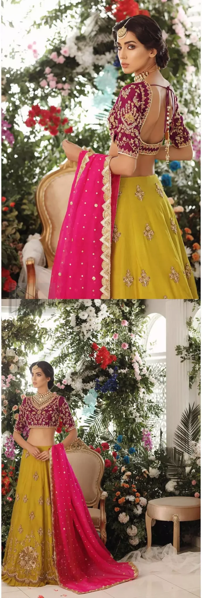 Adorn yourself with this breath-taking mehndi lehenga outfit. This beautiful mehndi dress comes with yellow lehenga with scattered beautiful embellished motifs and floral booties around a large central motif and it finished with frilled border. It is coordinated with a beautiful plum blouse adorned with zardozi work in the shades of golden and silver. Style it up with pink organza dupatta with sequins sprayed all over it along with gota finishing on all four sides.