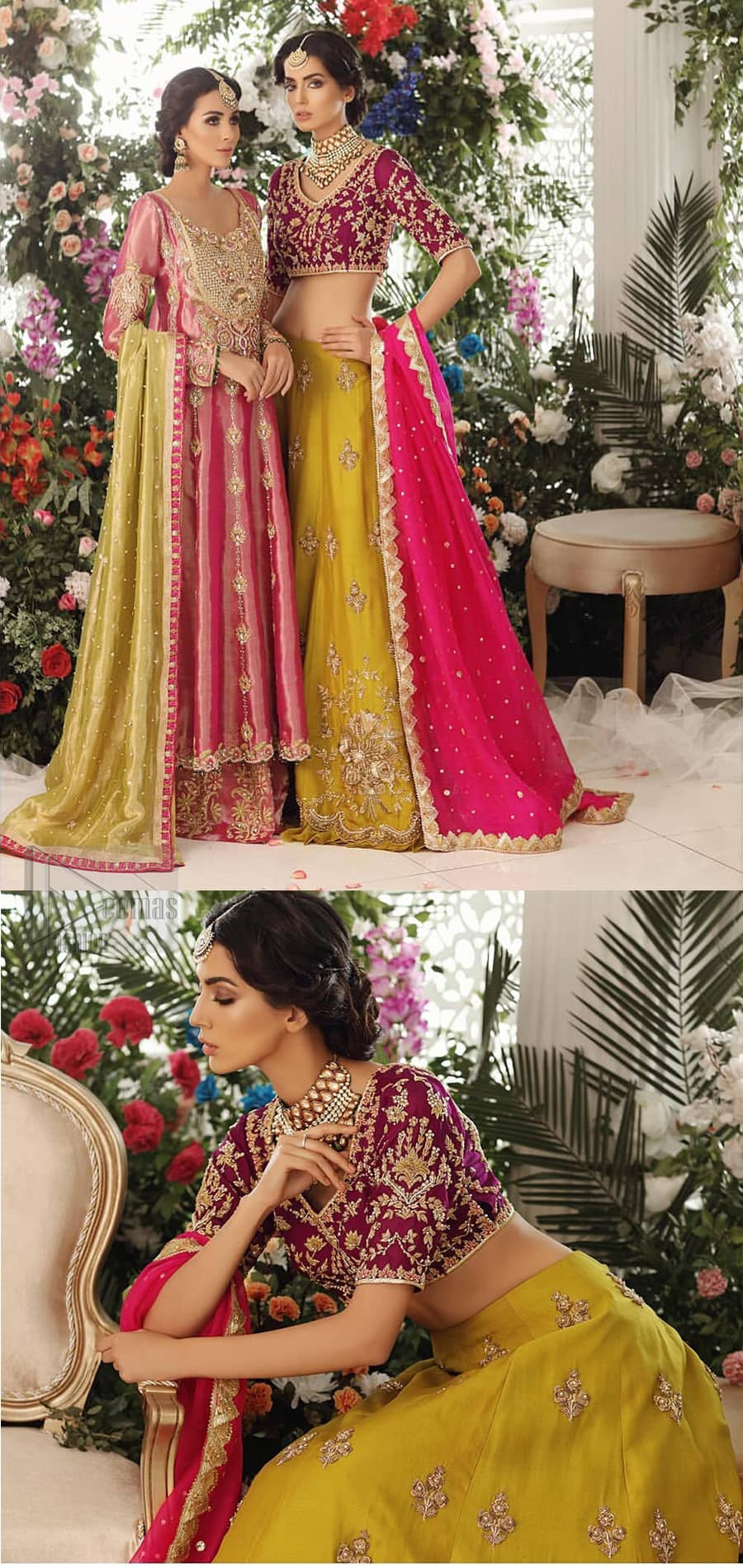 Adorn yourself with this breath-taking mehndi lehenga outfit. This beautiful mehndi dress comes with yellow lehenga with scattered beautiful embellished motifs and floral booties around a large central motif and it finished with frilled border. It is coordinated with a beautiful plum blouse adorned with zardozi work in the shades of golden and silver. Style it up with pink organza dupatta with sequins sprayed all over it along with gota finishing on all four sides.