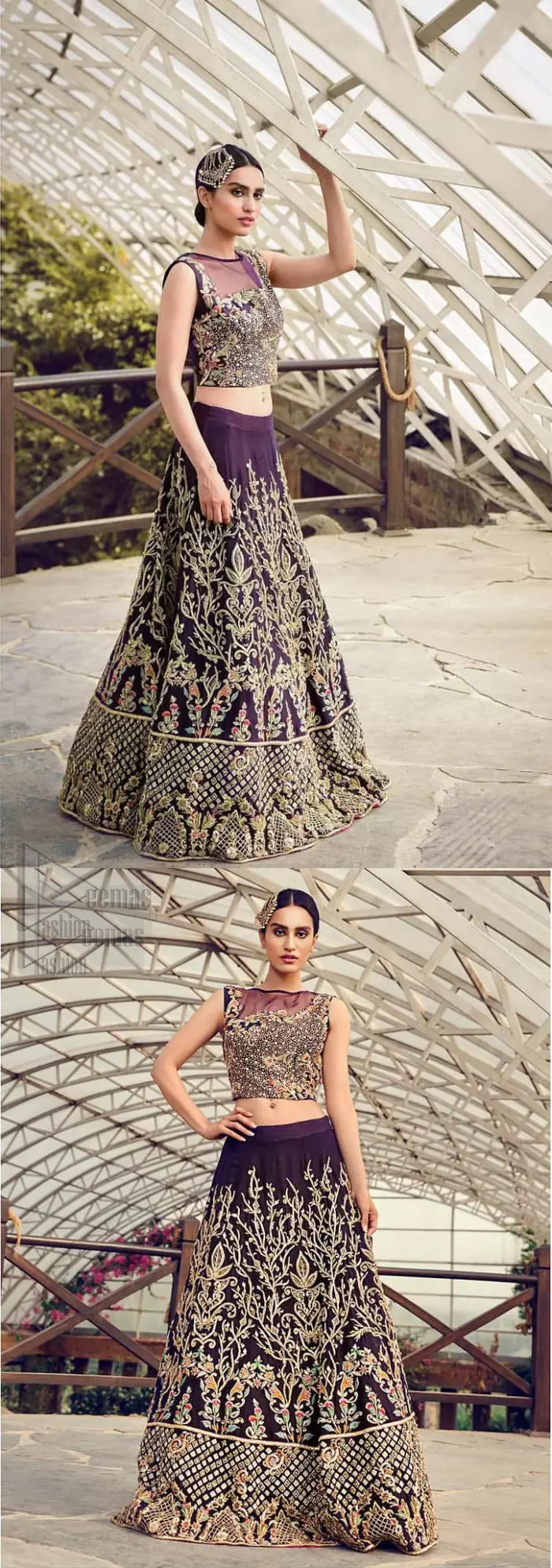 Captured in traditional silhouette, The bridal stands out due to its uniqueness and the perfect fusion of modern cut and traditional embroidery. This dress is beautifully decorated with heavy embroidery. It is highlighted with light golden kora, dabka, tilla, sequins and pearls. Blouse is fully enhanced with zardosi work and multiple color embroidery. It comes with full embellished lehenga adorned with floral booties and heavy embellished bottom. It is coordinated with plum organza dupatta which is sprinkled with sequins all over it.