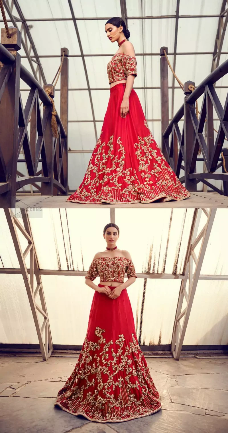 Captured in traditional silhouette, The bridal stands out due to its uniqueness and the perfect fusion of modern cut and traditional embroidery. This dress is beautifully decorated with heavy embroidery. It is highlighted with kora, dabka, tilla, sequins and pearls. Off shoulder blouse is enhanced with zardosi work all over. It comes with full embellished lehenga adorned with floral booties and vertical lines all over it. It is coordinated with net dupatta which is sprinkled with sequins all over it. It is further furnished with four sided embellished border.