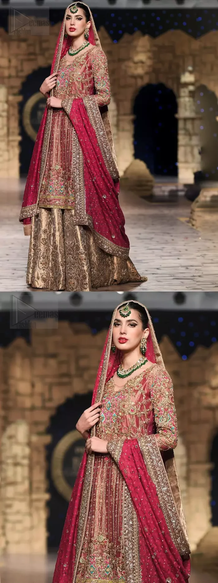 Nothing speaks of femininity and class louder than this outfit. This beautiful dress comes with burgundy A-Line frock with beautiful embellishment around the hem and vertically worked gold lines and it finished with a thick embellished border. The embroidery is done with golden, solver and antique shaded zardozi work. Furthermore it is also enhanced with multiple color thread embroidery in the floral motifs. Style it up with golden brocade sharara done with antique zardosi work at the bottom. This beautiful dress is comprises with burgundy dupatta sprinkled with sequins spray and four sided embroidered border.