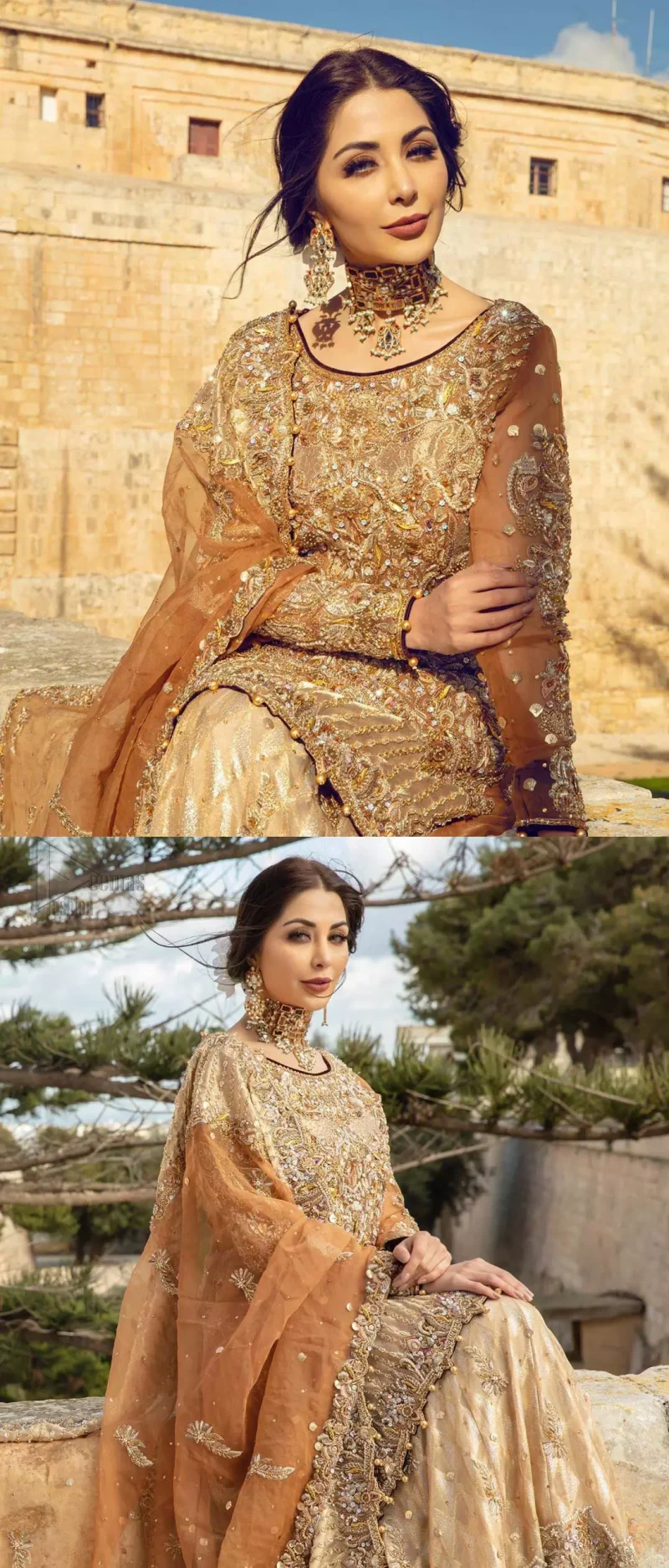 Dazzle in this made to perfection, richly embroidered ensemble accentuated with floral motifs and finished with scalp borders. Excellence of craftsmanship is evident with intricate detailing that features the use of kora, dabka, crystals, sequins and pearls. The Scalloped hemline is emphasided with dangling pearls. Balance the look with light golden lehenga adorned with golden, silver and antique shaded zardozi work. Dupatta comes with embellished alluring cut work floral border gives the perfect ending to this peplum.