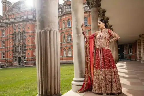 Crafted with love. Make your big day more beautiful with our excessively embroidered front open gown featuring delicately embellished neckline