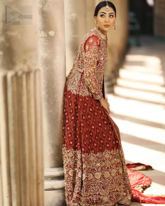 Crafted with love. Make your big day more beautiful with our excessively embroidered front open gown featuring delicately embellished neckline along with geometric patterns highlighted in zardozi detailing and intricately embroidered bottom that gives perfect ending to this outfit. Crafted artfully with golden kora, dabka, tilla, sequins and thread work. The embellished alluring scalloped borders dupatta gives the perfect ending to this peplum. The dupatta is furthermore enhanced with dangling tassels and multiple color thread embroidery.
