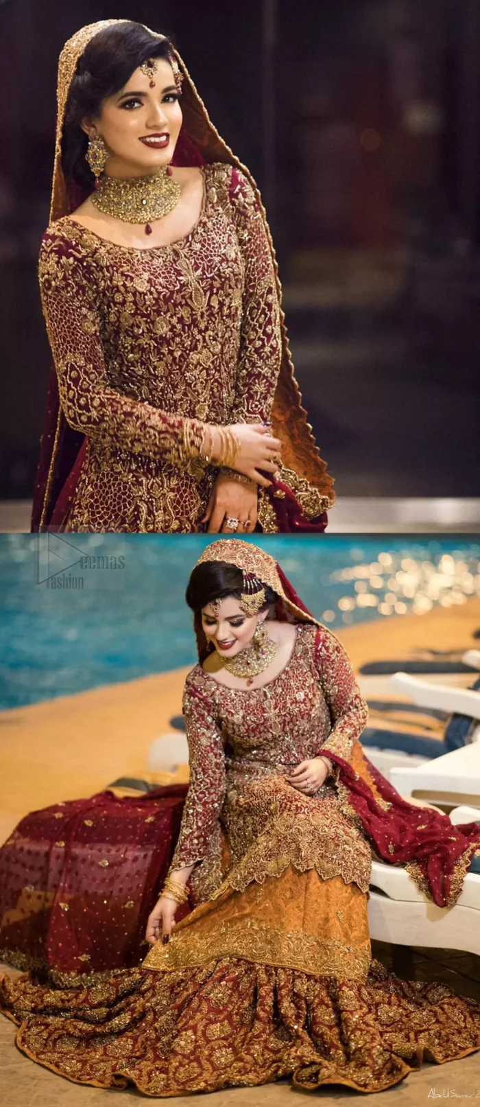 You are all set to make a lasting impact with the divine royalty of this dress. This ravishing ensemble is sure to make you look like glamorous royalty with immaculate work covering every inch of the shirt. It boasts a pretty scallop hemline and full sleeves with zardozi embellishment. Compliment the look with flared lehenga. The combination of rust with maroon is absolutely breathetaking. Elegance is personified when it gets paired up with an all-over sequins spray on dupatta dupatta with alternating scalloped borders detailing. This is an ensemble that deserves to be flaunted.