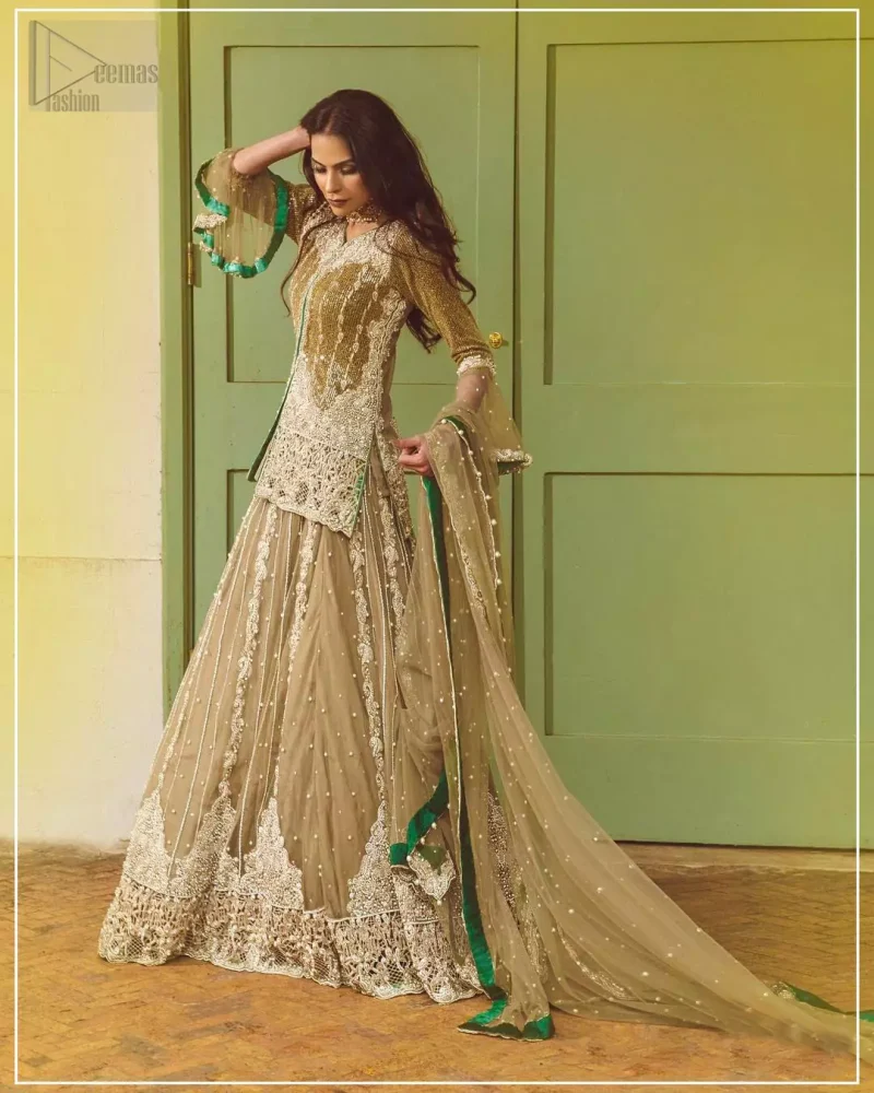 Let the crowd stare and make it worth their while when you walk wearing this outfit. Designed to flaunt your best features, the front open shirt carries intricate embellishment on the hemline and neckline. Complete the look with artfully coordinated lehenga which is ornamented with a bold and captivating design with a traditional intricate embroidery. Furthermore the lehenga and shirt is also emphasized with silver embroidered vertical lines. The fawn net dupatta with chann and scalloped finishing all around the edges makes the look complete. Upholding the idea of simple is beautiful, you would definitely want to wear this for your next occasion.