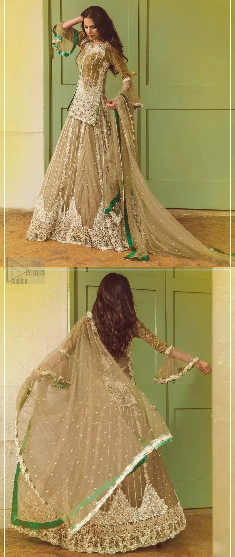 Let the crowd stare and make it worth their while when you walk wearing this outfit. Designed to flaunt your best features, the front open shirt carries intricate embellishment on the hemline and neckline. Complete the look with artfully coordinated lehenga which is ornamented with a bold and captivating design with a traditional intricate embroidery. Furthermore the lehenga and shirt is also emphasized with silver embroidered vertical lines. The fawn net dupatta with chann and scalloped finishing all around the edges makes the look complete. Upholding the idea of simple is beautiful, you would definitely want to wear this for your next occasion.