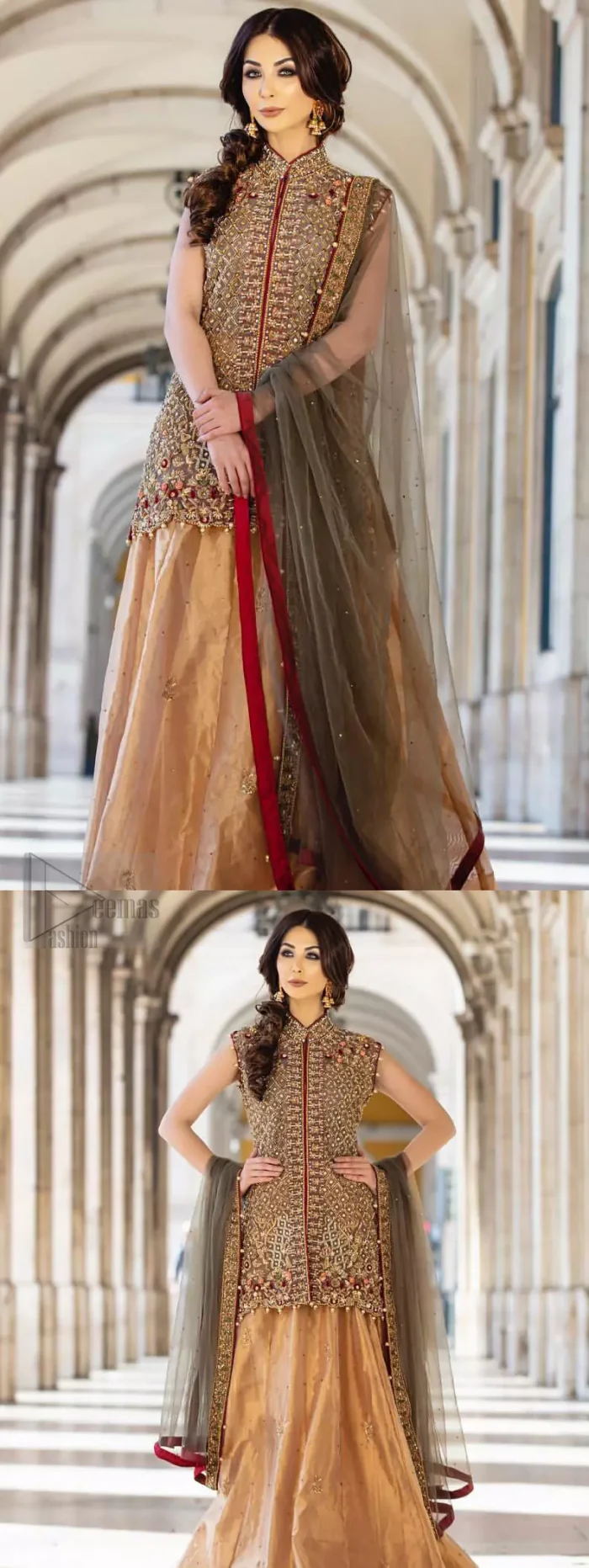 Our selection of wedding dresses offers simple evening glamour dresses. Add a taupe gray color to your wardrobe with our modern styled front open shirt enhanced with embellished geometric patterns. The neckline is beautifully designed with collar neck and scalloped hemline is emphasized with dangling pearls and multiple color embroidery. It is paired with taupe gray dupatta with one sided hand embellished border and sprinkled sequins all over. Compliment the look with fawn lehenga adorned with floral bunches. The combination of fawn and taupe gray is absolutely breathetaking.