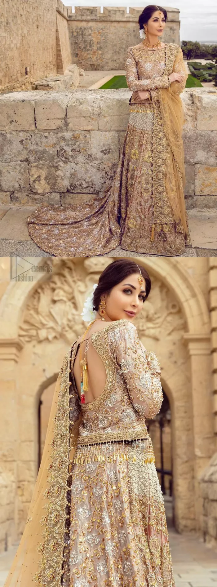 Strike a breathtakingly elegant pose in this wedding dress, designed with a beautiful blouse and a dramatic train. This artisan piece includes intricate hand-embellishment. This highly skilled technique involves hand needle work to add beads, kora, dabka, tilla and sequins to the fabric, giving our garments a unique look. The blouse is also enhanced with tassels on the hemline and back is adorned with horse shie neckline. Zardozi work is done in the shades of golden and silver. Dupatta is decorated with sequins spray on the canvas and finished with embroidered border on four sides which makes this outfit more beautiful.