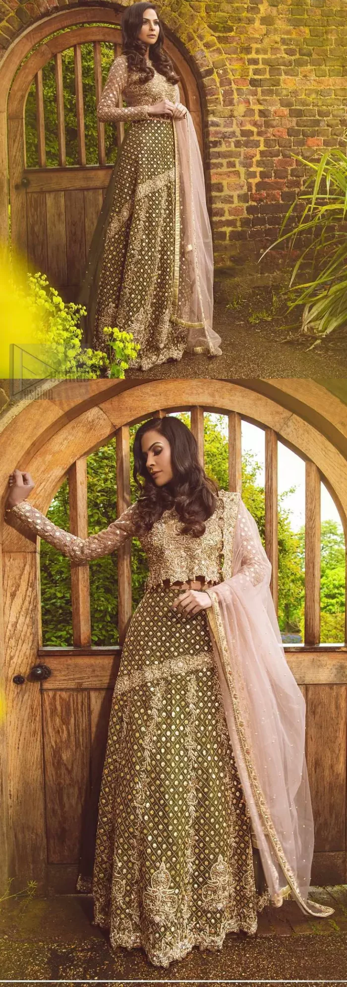 Nothing speaks of femininity and class louder than this mehndi outfits for bridesmaids. The motifs on the mehndi lehenga for a wedding are a true example of decorative and ornamental expression stylized in a contemporary way. The chic yet elegant mehndi green lehenga is decorated with zardozi embellished vertical lines, geometric patterns adorned with gotta work and floral bunches. Borders are even more enhanced with detailed motifs and finished with scallops. The blouse is fully decorated with floral embroidery all over with zardozi work in the shades of golden and antique. The look is completed with organza dupatta with embroidered lace borders and sequins spray all over.
