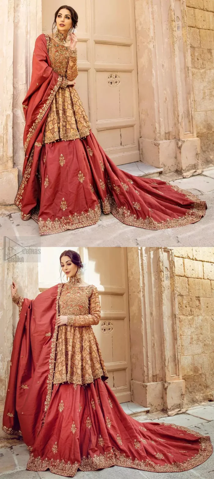 Chic and sophisticated perfectly describe this simply stunning wedding dress. This artisan piece includes intricate hand embellishment. This technique gives our garments a unique look, and helps to sustain a traditional craft carried out by skilled artisans across Asia. The short frock is fully embellished with zardozi work in the shades of golden and silver on tea rose canvas. Finished with dangling pearls on hemline. Compliment the look with coral back train lehenga exaggerated with embellished bottom and sprinkled floral bunches. The coral raw silk dupatta is emphasized with intricate embroidered borders.