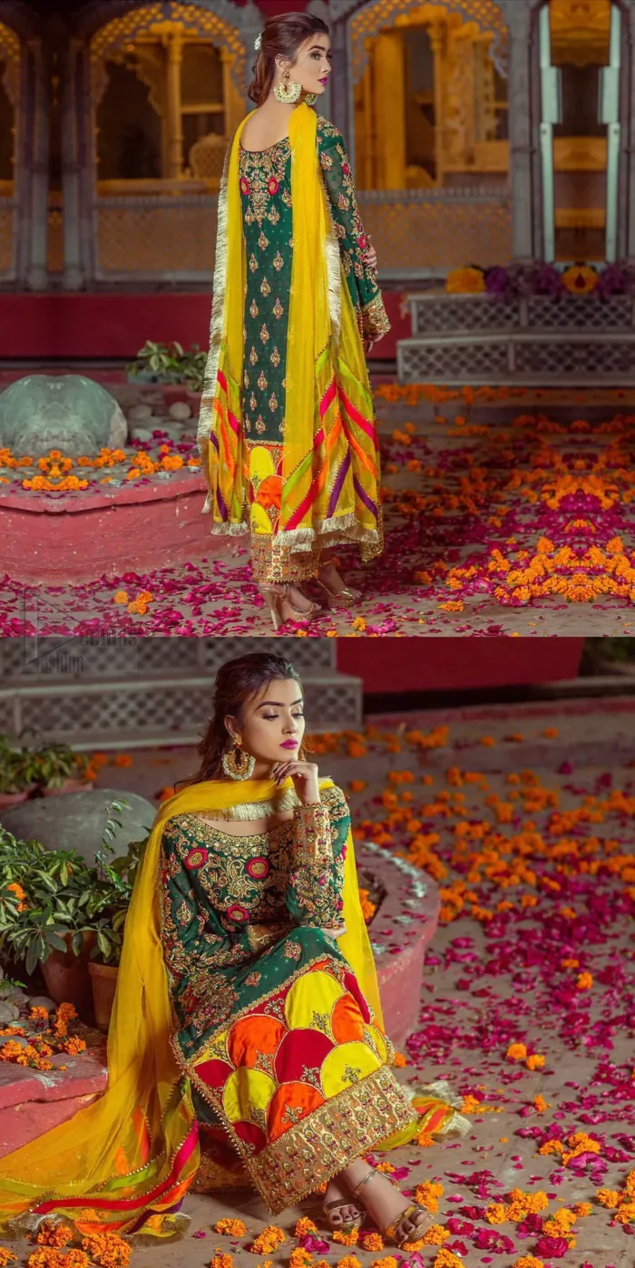 Beautifully elegant with a modern twist. This beautiful outfit comes with bottle green long shirt and colorful applique hemline, making an elegant, traditional and stylish mehndi dress. Excellence of craftsmanship is evident with intricate geometrical detailing that features the use of kora, dabka, crystals, sequins and glass beading. Furthermore it is enhanced with colorful floral motifs and golden zardozi work. It comprises with pink capri pants. Elegance is personified when it gets paired up with net dupatta with kiran on all sides and colorful strips on pallu.