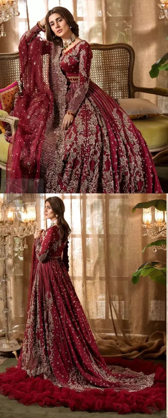 Make your big day more beautiful with our excessively embroidered lehenga blouse featuring delicately embellished back train along with scalloped finishing highlighted with antique embroidered detailing and intricately frilled inner that gives perfect ending to this outfit. The blouse is delicately crafted with antique zardosi work having full sleeves with dangling finishing. It is paired with an ethereal bridal dupatta focusing on kora and dabka handwork borders on all four sides, finished with scalloped borders. With a flowing trail, this is an ensemble that deserves to be flaunted.