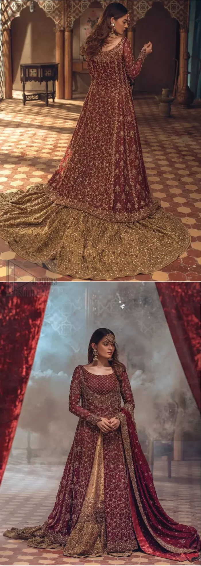 This wedding season, create a blissful aura with the treasure of love and elegance. An artistic vision of classic style and luxurious detailing, transpire into a truly romantic and iconic bridal for your big day. The front open floor length maxi is adorned with unique geometric patterns around the neckline and rest of the maxi is ornamented with floral embroidery. The kora, dabka, tilla and pearls embroidery is done in the shade of tan. Compliment the look with wide flared lehenga. The combination ofgolden with maroon is absolutely breathetaking. The dupatta incorporates beautifully designed borders on all four sides and sprinkled sequins to give it a perfect maharani look.
