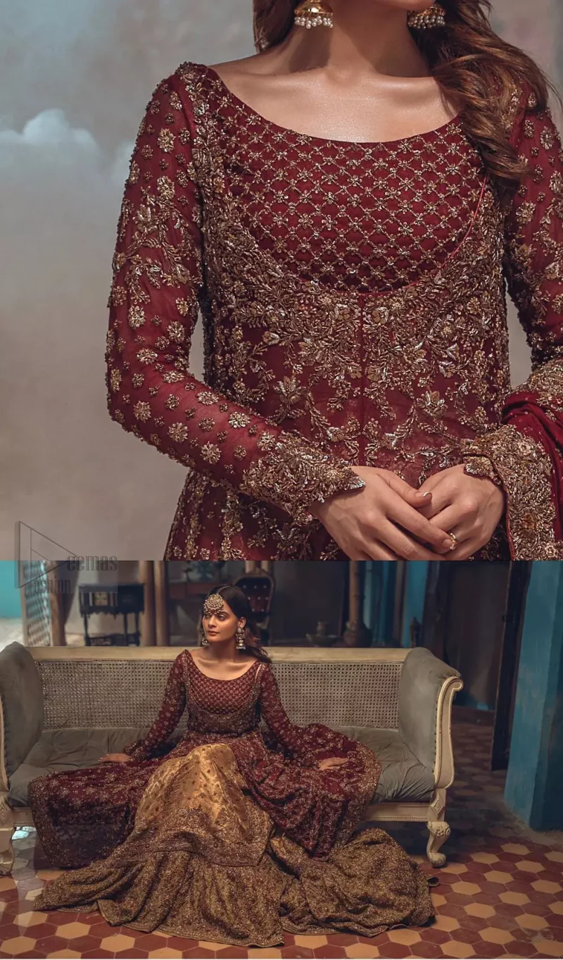 This wedding season, create a blissful aura with the treasure of love and elegance. An artistic vision of classic style and luxurious detailing, transpire into a truly romantic and iconic bridal for your big day. The front open floor length maxi is adorned with unique geometric patterns around the neckline and rest of the maxi is ornamented with floral embroidery. The kora, dabka, tilla and pearls embroidery is done in the shade of tan. Compliment the look with wide flared lehenga. The combination ofgolden with maroon is absolutely breathetaking. The dupatta incorporates beautifully designed borders on all four sides and sprinkled sequins to give it a perfect maharani look.