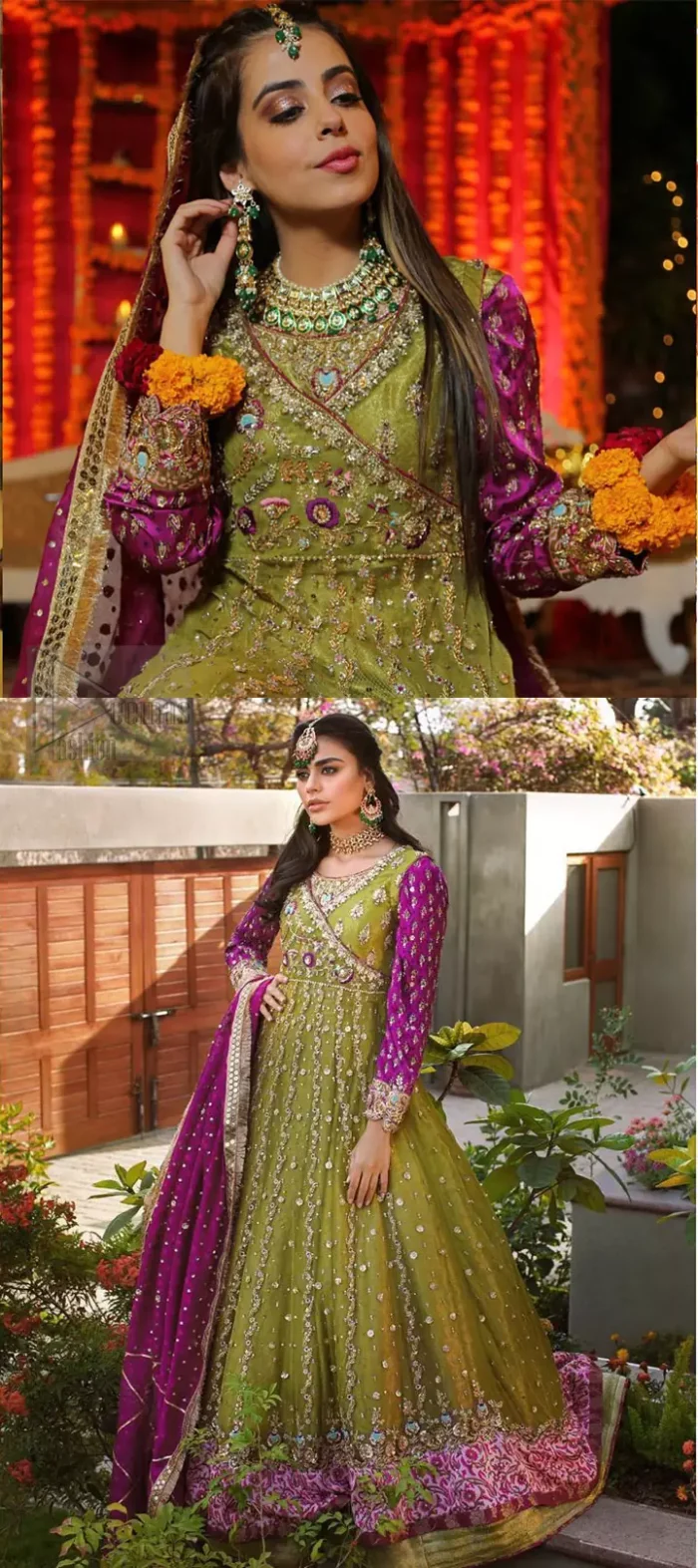 Nothing speaks of femininity and class louder than this mehndi outfits for bridesmaids. The sequinned whimsical florals embroidered across the flattering bodice in this ethereal frock is sure to turn heads in every room you walk into. The pairing of champagne zardozi work with parrot green fabric is an artist’s dream colour palette. The frock hemline is emphasized with banarsi applique details that gives perfect ending to this outfit. It comprises with matching tissue lehenga. The magenta organza dupatta with chann and gota work, finishing with kiran lace all around the edges makes the look complete. 
