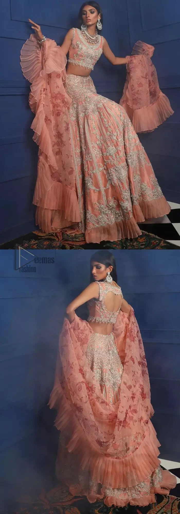 Crafted with love. This outfit is classically designed to make your memorable day beautiful as it should be. The peachy blouse is emphasized with intricate embroidery, handcrafted bootis adorned with silver embellishment finished with dangling pearls all around the edges. Compliment the look with flared lehenga which is decorated with silver kora, dabka, tilla and pearls work. Excellence of craftsmanship is evident with intricate detailing that features the use of zardozi work. The look is complete with organza dupatta finishing with frilled border.