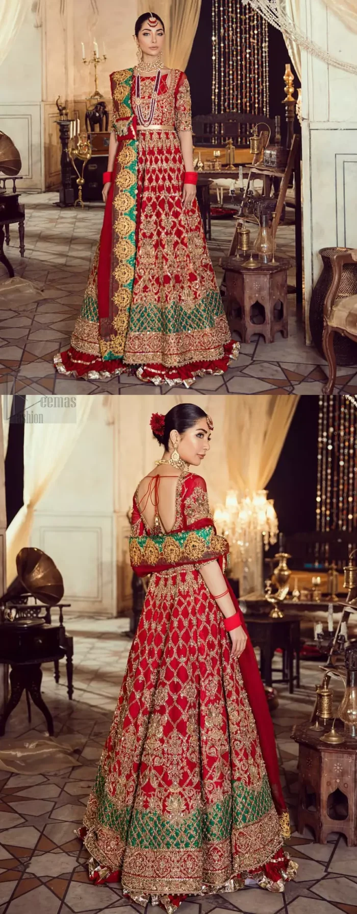 Classic, timeless and truly beautiful, our bridal dress is perfect for your unforgettable day. Our bride makes a statement in this stunningly floraison, perfect blend of glamour and tradition with outstanding craftsmanship and gorgeous detailing. The floor length maxi is delicately crafted with golden kora, dabka, tilla, sequins and pearls work. Furthermore it is adorned sea green applique with rich patterns and delicate details at the daaman. Crushed chiffon sharara are included to complete the look. This beautiful dupatta with rich embroidered motifs places artistically on the borders gives it a royal look.
