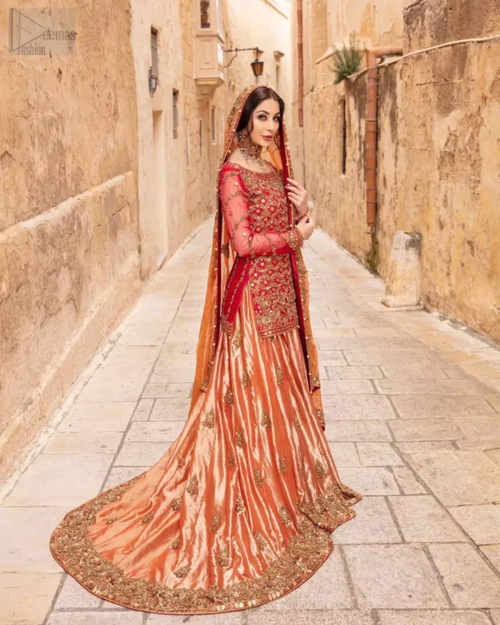 Make your big day more beautiful with our excessively embroidered back train lehenga shirt featuring delicately embellished neckline along with geometric patterns highlighted in antique shaded embroidery detailing and intricately embroidered borders that gives perfect ending to this outfit. Pair it up with a breathtaking back train lehenga with scattered motifs on the ground and embellished hemline. The orange organza dupatta with floral motifs and finishing all around the edges makes the look complete. The combination of orange with red is absolutely breathetaking.