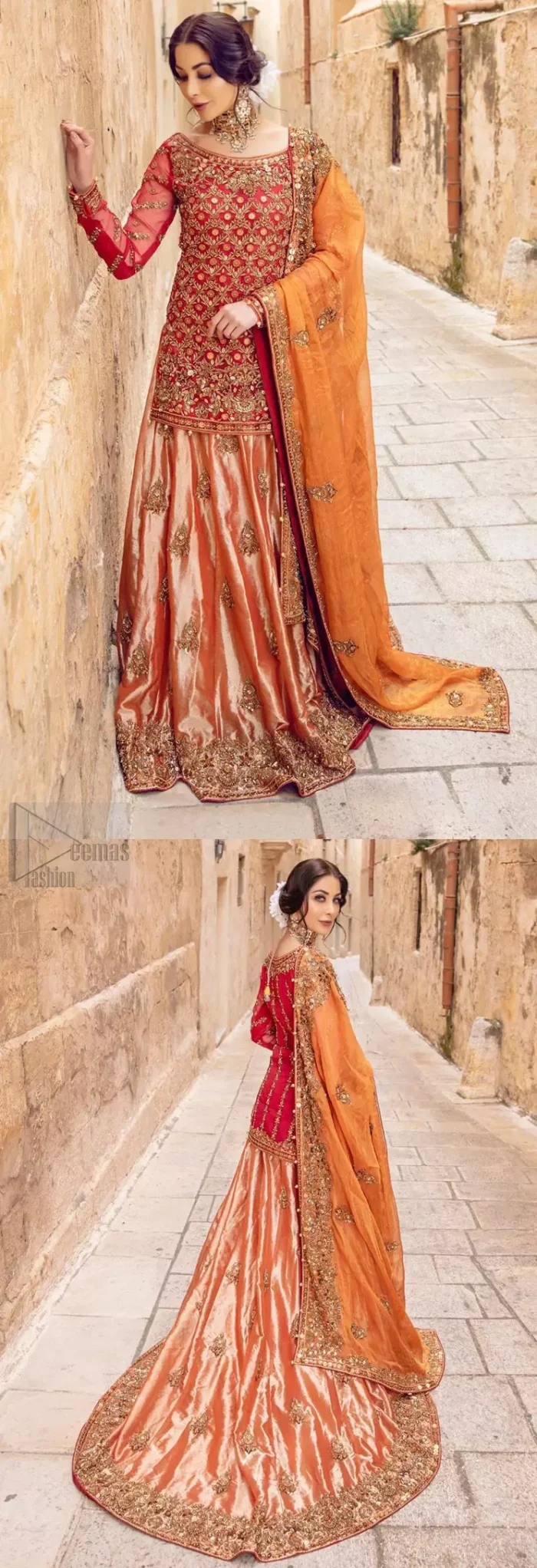 Make your big day more beautiful with our excessively embroidered back train lehenga shirt featuring delicately embellished neckline along with geometric patterns highlighted in antique shaded embroidery detailing and intricately embroidered borders that gives perfect ending to this outfit. Pair it up with a breathtaking back train lehenga with scattered motifs on the ground and embellished hemline. The orange organza dupatta with floral motifs and finishing all around the edges makes the look complete. The combination of orange with red is absolutely breathetaking.