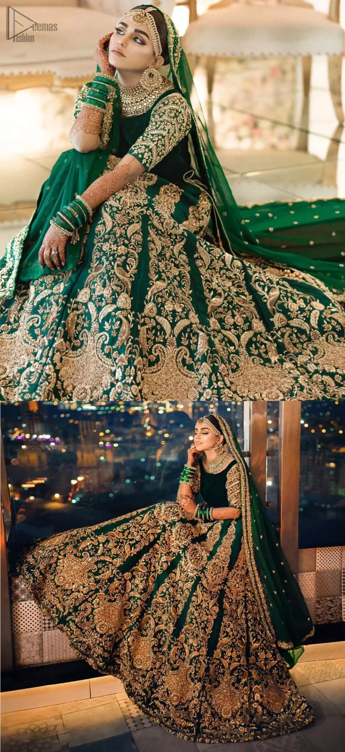 This artisanal piece is rendered in grace and timelessness. This outfit makes a statement in this stunningly floraison, perfect blend of glamour and tradition with outstanding craftsmanship and gorgeous detailing. This mehndi dress in a dreamy shade of green, enhanced with hand embellishments on neckline and sleeves. The wide flared lehenga is an example of remarkable handiwork with a lot of attention to detail. The sculptured embroidery is in the shade of golden. Complete the look with bottle green organza dupatta emphasized with tiny floral motifs on the ground and four sided embellished border.
