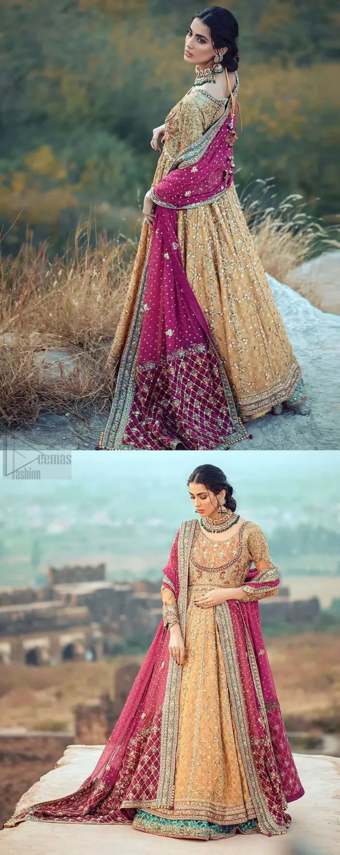 This exceptionally detailed anarkali frock is cut in a seductive fit and flare silhouette that’s sure to turn heads. The bodice with round neckline is adorned in richly beaded work with fabulous sparkle and zardozi work. Furthermore the panels of the shirt is vertically adorned with golden kora, dabka, tilla work and various flora motifs meticulously using on the ground. The frock is comprises with ferozi lehenga emphasized with criss cross patterns done with golden embellishment. Elegance is personified when it gets paired up with an embroidered dupatta with alternating motifs and sequins detailing.