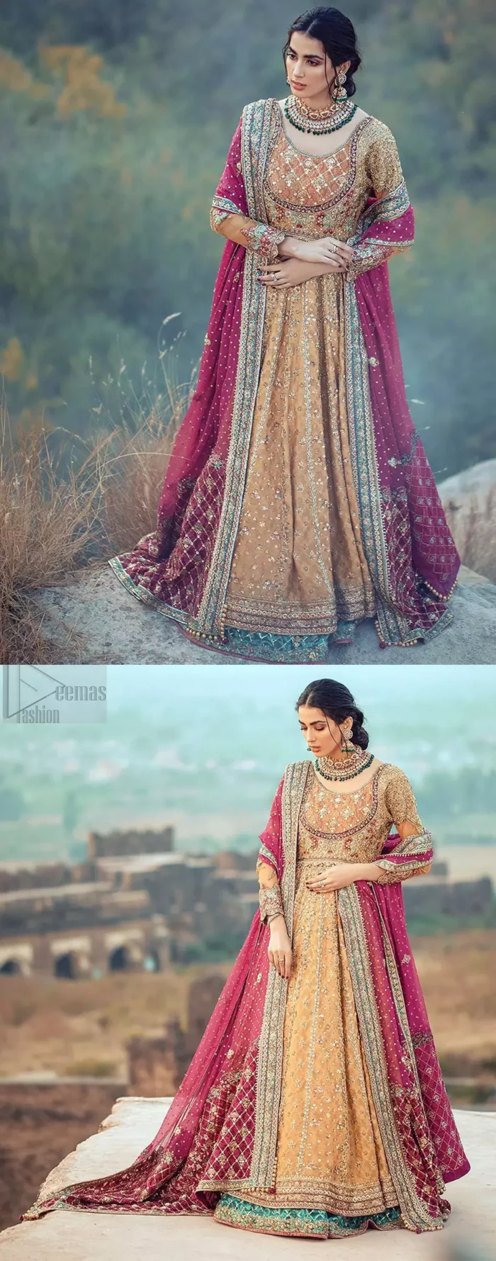 This exceptionally detailed anarkali frock is cut in a seductive fit and flare silhouette that’s sure to turn heads. The bodice with round neckline is adorned in richly beaded work with fabulous sparkle and zardozi work. Furthermore the panels of the shirt is vertically adorned with golden kora, dabka, tilla work and various flora motifs meticulously using on the ground. The frock is comprises with ferozi lehenga emphasized with criss cross patterns done with golden embellishment. Elegance is personified when it gets paired up with an embroidered dupatta with alternating motifs and sequins detailing.
