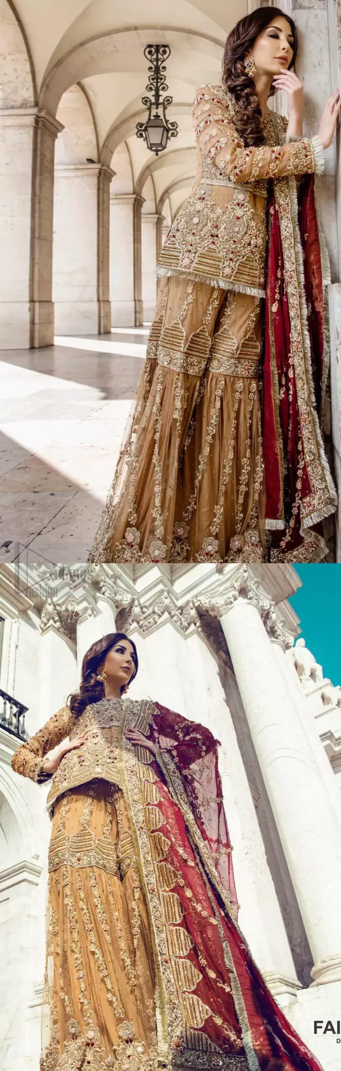 Picturing your bridal in a glowing fawn color. Featuring beautiful handwork, this outfit has a delicate arrangement of hand embellished geometric patterns with pearls and crystals on the bottom. Refined craftsmanship is at its best with hand embellished bodice which is laden with zardozi work. This outfit is paired with organza gharara with embroidered bottom and kiran lace, and maroon dupatta ornamented with geometric patterns along the length, making it a statement piece. Furthermore it is also enhanced with kiran lace on all four sides.