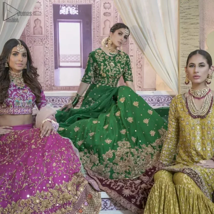 Nothing speaks of femininity and class louder than this green mehndi outfits for bridesmaids. This beautiful outfit comes with a green lehenga which is beautifully embellished with motifs, sprinkled with sequins and it finished with a thick embellished border. The blouse is breathtakingly ornamented with floral bootis which covers every inch of the blouse. The dupatta incorporates beautifully designed scalloped borders and frilled on all four sides. The kora, dabka, tilla, sequins and pearls work are done in the shades of golden.
