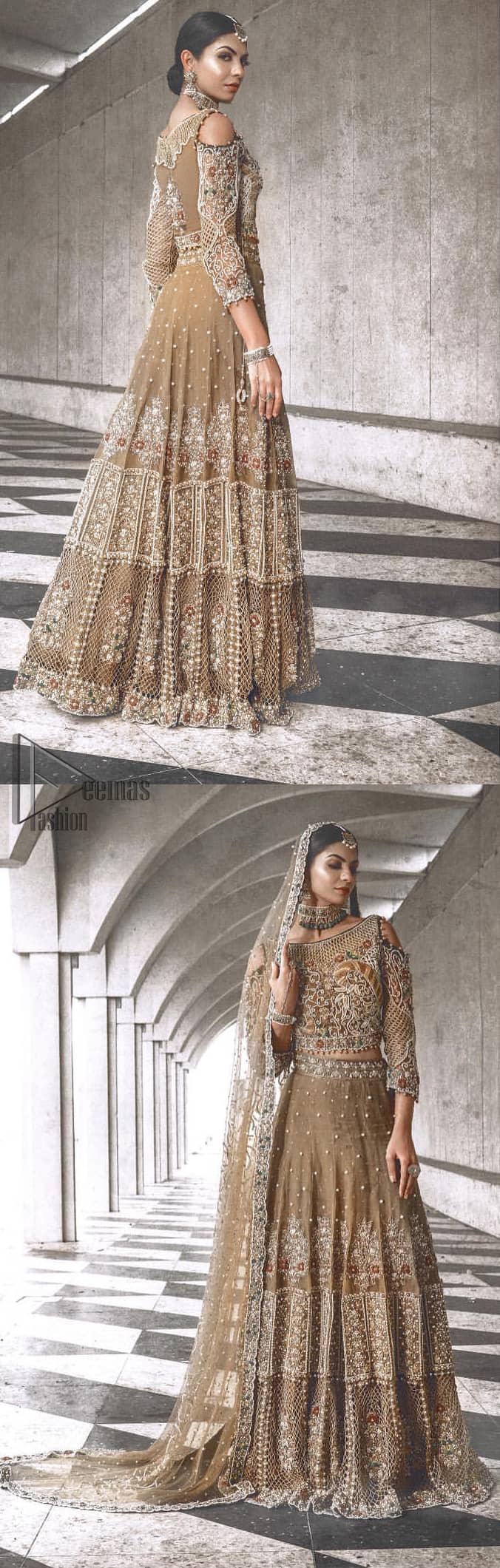 This mehndi green outfit totally pulled off our classic bridal wear with an unmatchable grace giving major bridal goals. Featuring beautiful handwork, the blouse has a delicate arrangement of hand embellished floral patterns with zardozi work and finished with dangling balls. Refined craftsmanship is at its best with hand embellished jaal, geometric patterns and floral bunches at the lehenga. This outfit is paired with an organza dupatta chann and finishing all around the edges making it a statement piece.