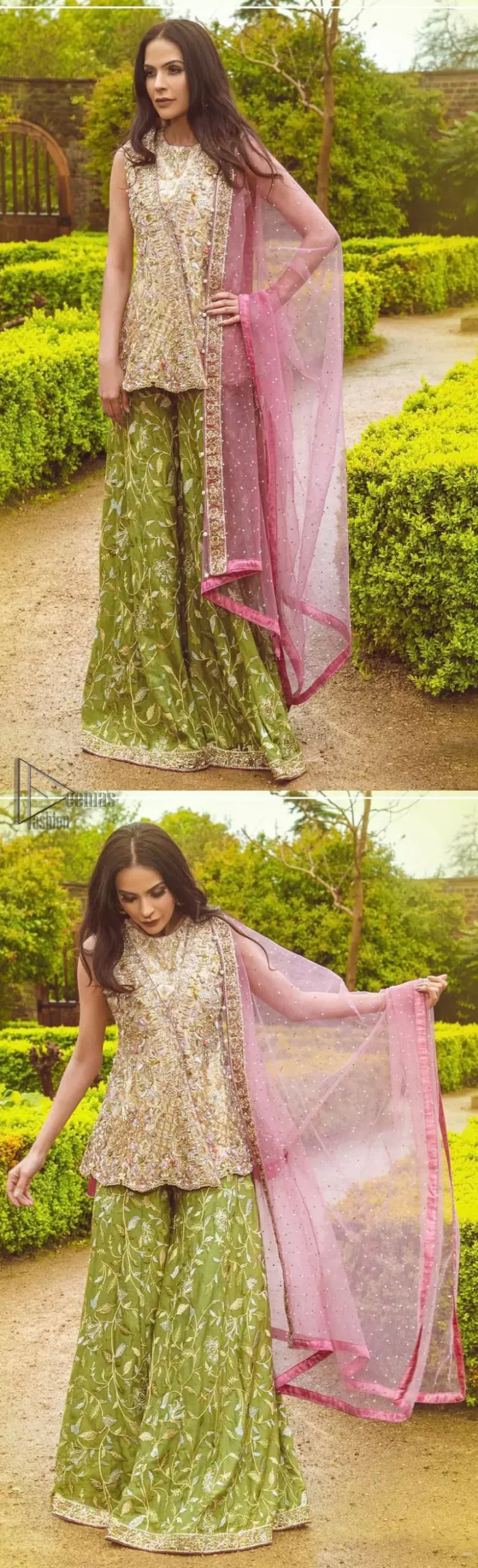 Wear this soft and supple hues richly decorated by shade pink with zardozi embroidered motifs and floral bootis all over the shirt. The outfit is finished by beautiful overlaping and scalloped hemline. It comes with an exquisite sharara with embroidered border and floral bootis all over to give it a regal look. The outfit is coordinated with pink net dupatta having sequins spray all over the ground and zardozi embellished borders along the length.