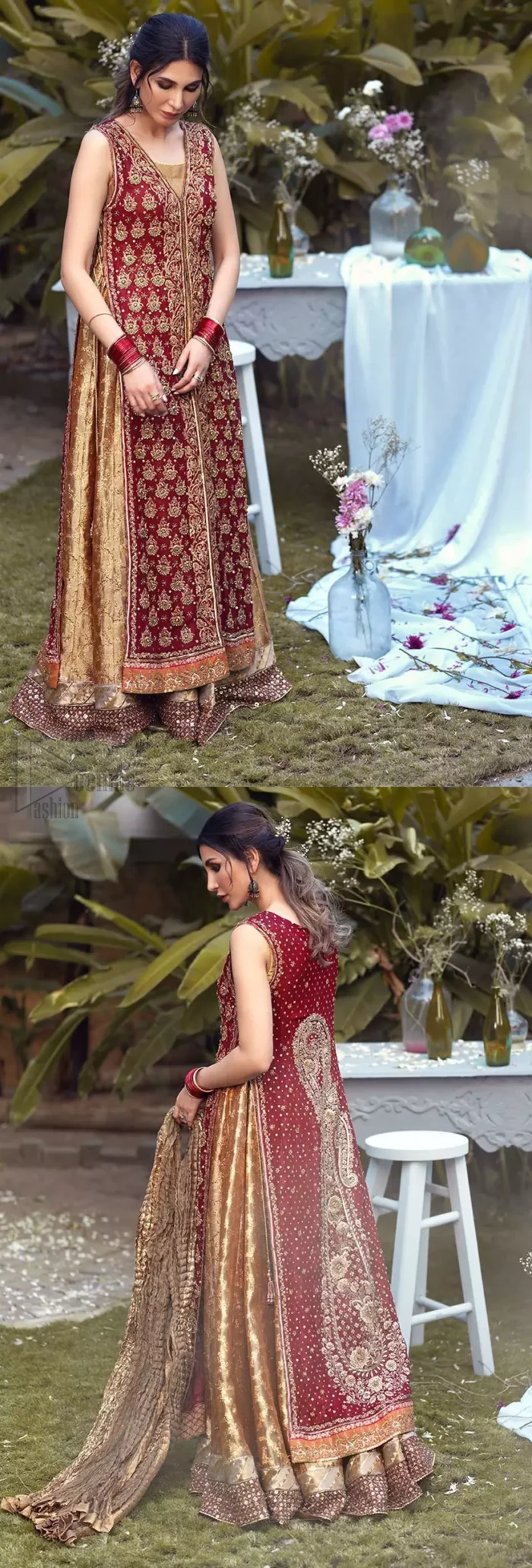 Impeccably on trend, this chic, romantic and oh-so-elegant ensemble is perfect for the one who want to mix vintage touches in with more daring and contemporary designs. Unique craftsmanship and detailed embellishments on the maroon front open shirt, done with golden zardozi. Furthermore the back of the shirt is also emphasized with zardozi work and scattered sequins all over the back. It comprises with golden inner maxi enhanced with maroon embellished applique on the bottom. Pair it up with golden brocade churidar pajama and golden crushed dupatta.