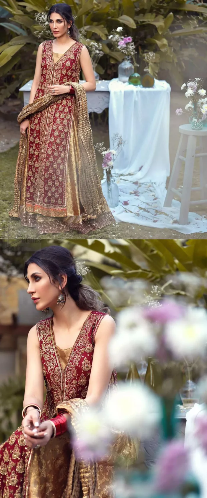 Impeccably on trend, this chic, romantic and oh-so-elegant ensemble is perfect for the one who want to mix vintage touches in with more daring and contemporary designs. Unique craftsmanship and detailed embellishments on the maroon front open shirt, done with golden zardozi. Furthermore the back of the shirt is also emphasized with zardozi work and scattered sequins all over the back. It comprises with golden inner maxi enhanced with maroon embellished applique on the bottom. Pair it up with golden brocade churidar pajama and golden crushed dupatta.
