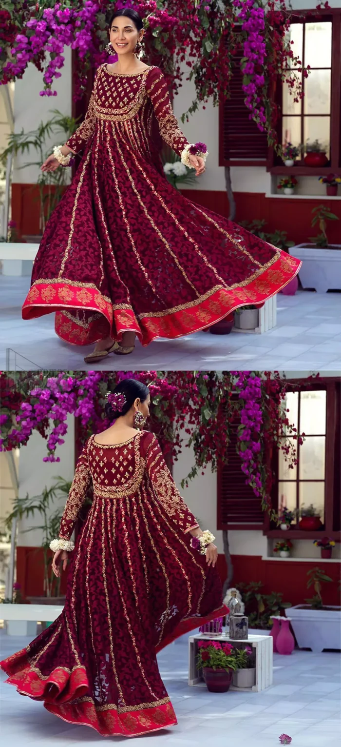 The perfect combination of tradition and class. With a lot of attention to detail, the intricate zardozi work with using glass beading and threads makes the bodice look like nothing but a dream. The tiny floral motifs are also scattered on the bodice. This mehndi outfit is ornamented with vertical embroidered lines and coral applique at the bottom. It comprises with maroon capri pants and coral self fabric dupattta. You are all set to make a lasting impact with the divine royalty of this dress.