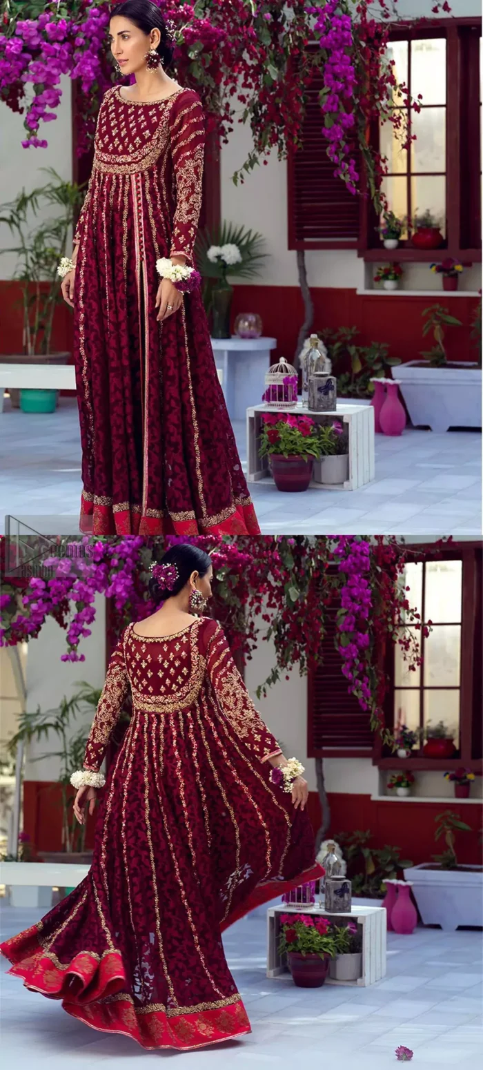 The perfect combination of tradition and class. With a lot of attention to detail, the intricate zardozi work with using glass beading and threads makes the bodice look like nothing but a dream. The tiny floral motifs are also scattered on the bodice. This mehndi outfit is ornamented with vertical embroidered lines and coral applique at the bottom. It comprises with maroon capri pants and coral self fabric dupattta. You are all set to make a lasting impact with the divine royalty of this dress.