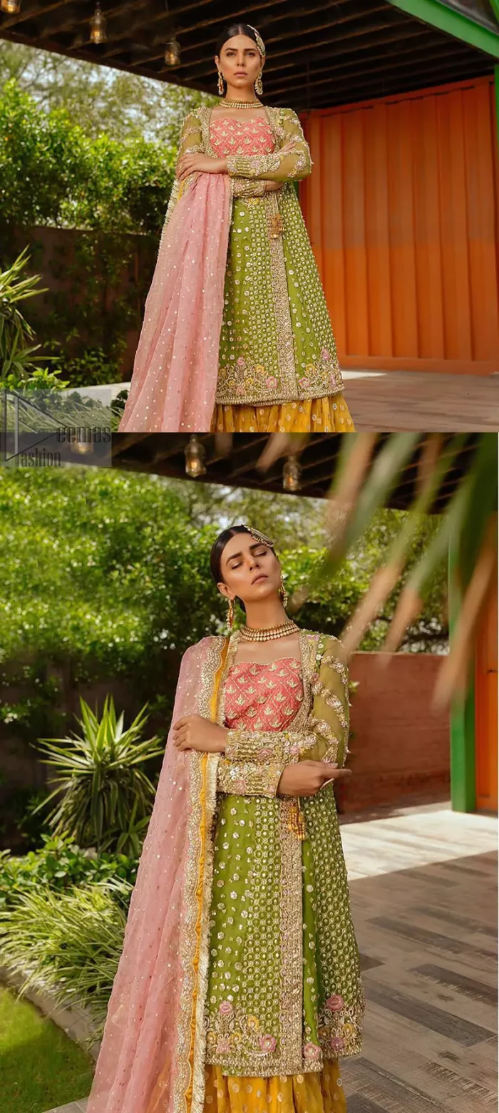 We have brought a charismatic charm to the traditional motifs and cuts. Our embroidery is rich in detailed traditional techniques executed to perfection. The bride shines bright in this outfit, embedded with sophisticated zardozi and thread embeishments. The bodice and hemline is furthermore emphasized with intricate details that gives the perfect ending to this mehndi dress. Pair it up with yellow sharara with captivating embellished border. The dupatta incorporates beautifully designed borders with zardozi, applique and kiran along the length, focusing on the geometrically embellished pallu and sequins spray all over to give it a perfect look.
